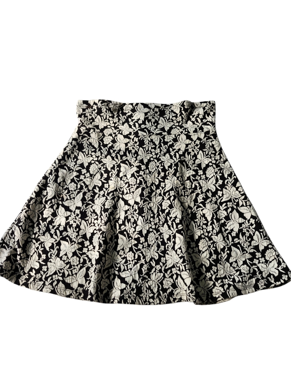 Made in USA Black Ivory Floral Butterfly Jacquard Knit Skater Mini Skirt Women M